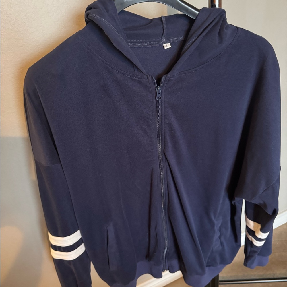 Navy Blue Zip-Up Hoodie with White Stripes